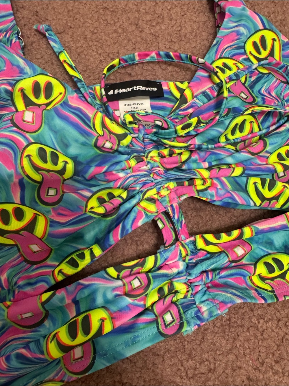 New 1x neon smiley face crop top festival rave shirt y2k tank outfit stretchy - Picture 2 of 3